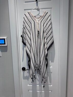 Michael Stars Linen Cotton Striped Tassel Poncho Caftan Cover Up One Size